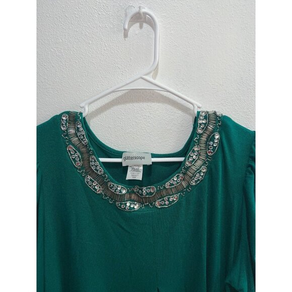 Glitterscape womans top plus size 2X green round sequin neckline ruched pullover - Picture 5 of 8